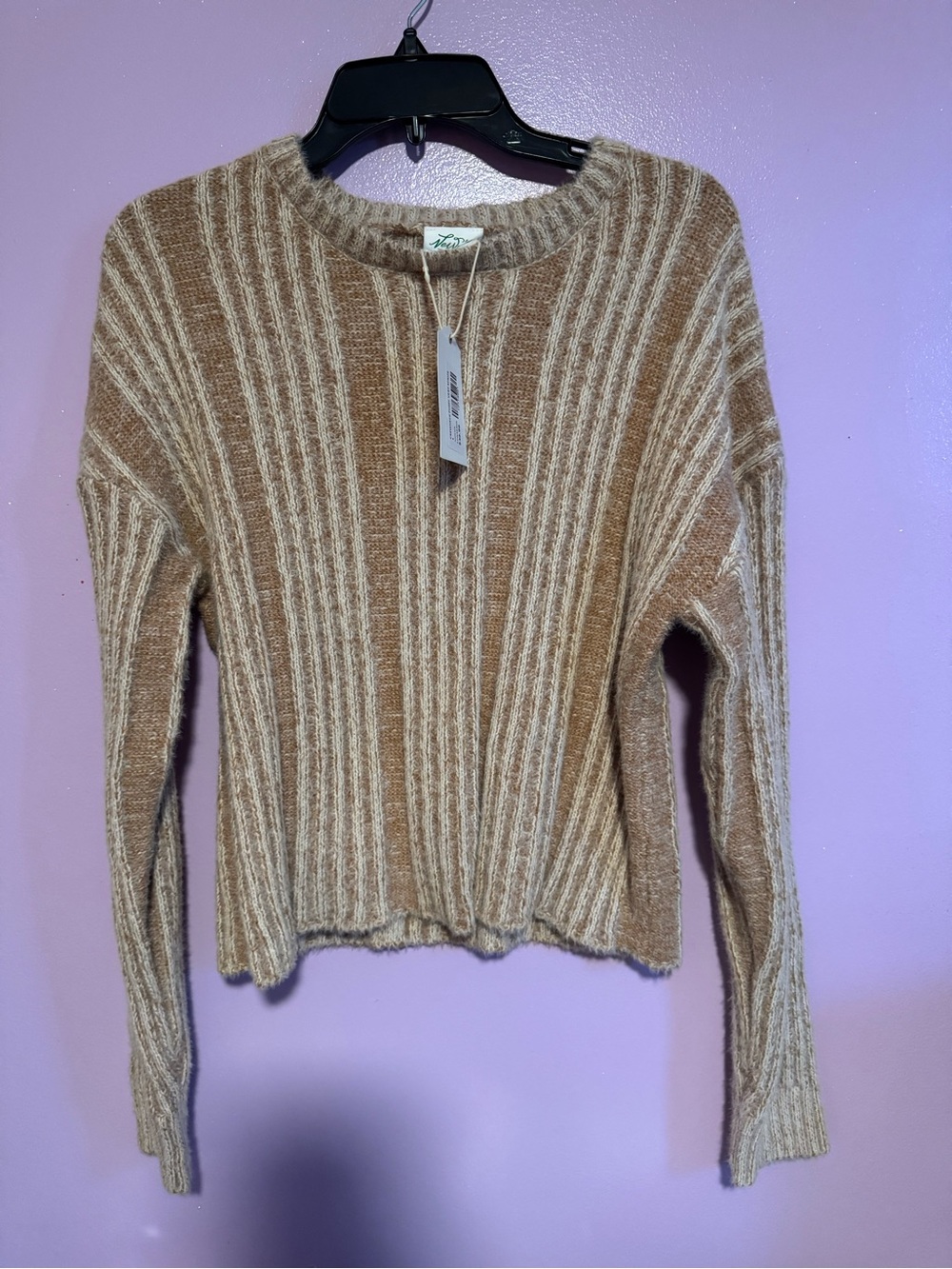 Striped Rib-Knit Crewneck Sweater in Tan and Cream